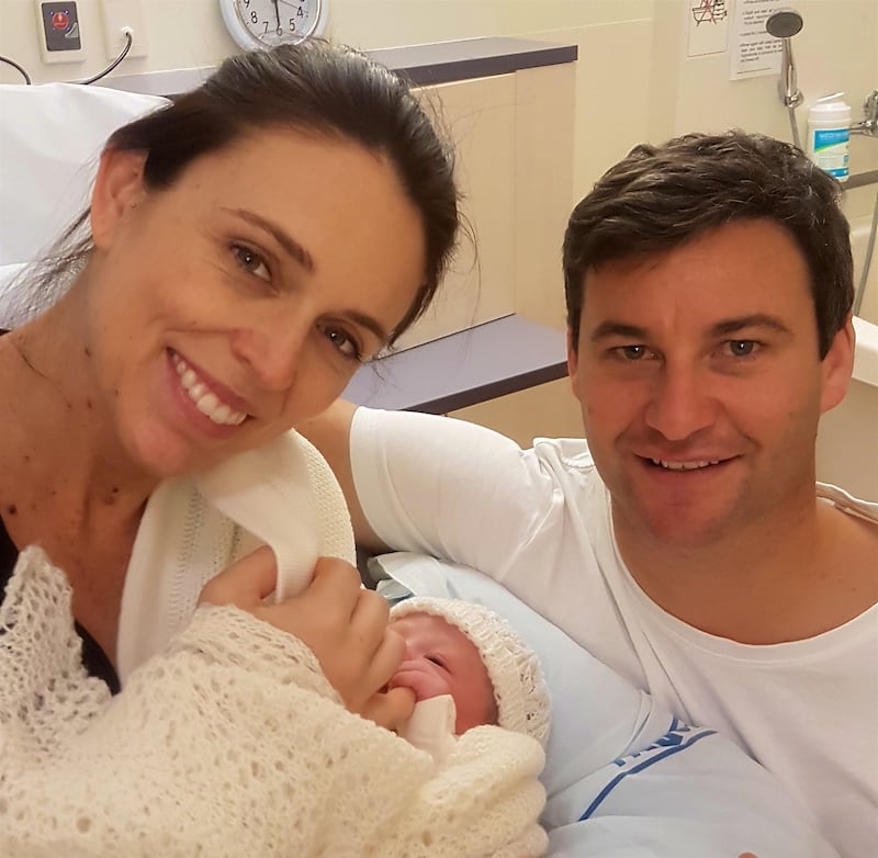 Ms Ardern and partner Clarke Gayford with their newborn daughter on June 21, 2018, in Auckland. Getty
