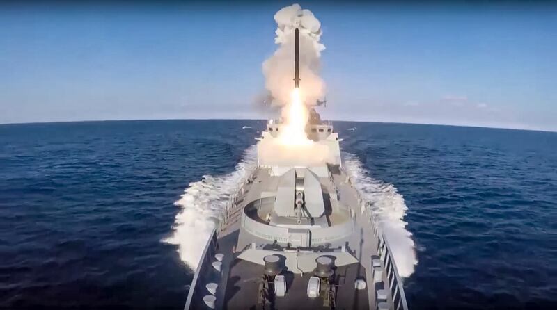 A Russian frigate launches a Kalibr cruise missile. A Lithuanian intelligence report has suggested that Russia is aiming to target Nato. AP