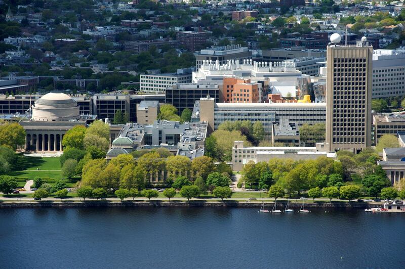 Looking across the Charles River at the campus of M.I.T (Massachusetts Institute of Technology), located in Cambridge, MA.