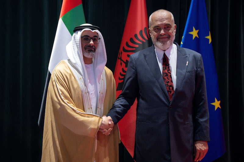 Sheikh Khaled bin Mohamed, Crown Prince of Abu Dhabi, with Edi Rama, Prime Minister of Albania