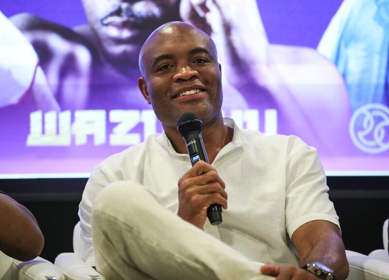 Brazilian-American boxer Anderson Silva attends a press conference at Dubai Sports Council to talk about his upcoming boxing exhibition fight against Brazilian Boxer Bruno Machado before the bout of Floyd Mayweather and Don Moore 'Dangerous' during the First Global Titans Fight Series at the Helipad of Burj Al Arab luxury hotel in the Gulf emirate of Dubai, United Arab Emirates, 11 May 2022.   EPA / ALI HAIDER