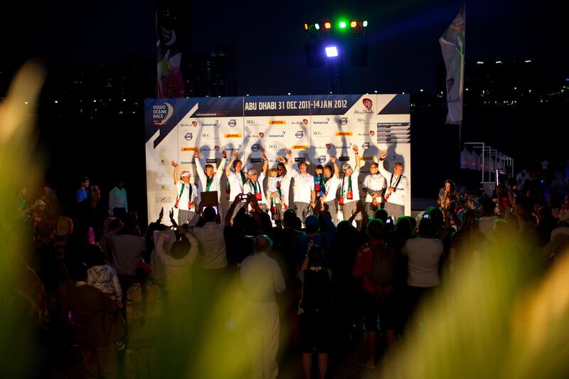 Groupama Sailing Team celebrates after completing the second leg of the Volvo Ocean Race in Abu Dhabi on January 4, 2012. Christopher Pike / The National

For story by: 43314
Job ID: To Be Determined