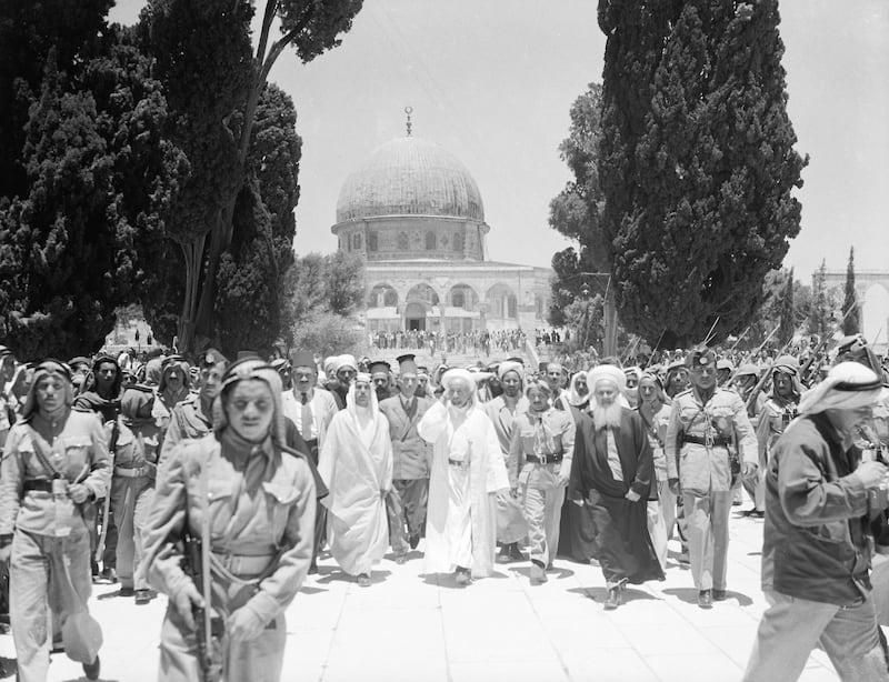 King Abdullah of Jordan on his way to Al Aqsa mosque in June 1948, with the Dome of the Rock in the background. Getty Images