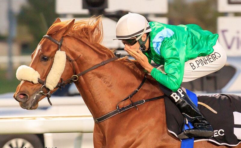 Bernado Pinheiro reacts as Azadi Star storms home in the Group 3 Arabian Triple Crown in Abu Dhabi on Monday, March 14, 2022. - DHRIC