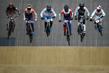 ARNHEM, NETHERLANDS - OCTOBER 11: (L-R) Pieter Van Lankveld, Jay Schippers, Ynze Oegema, Justin Kimmann, Teun Kivit and Twan Van Gendt compete during the Dutch National BMX Championships at Olympic Training Centre Papendal on October 11, 2020 in Arnhem, Netherlands. (Photo by Dean Mouhtaropoulos/Getty Images)