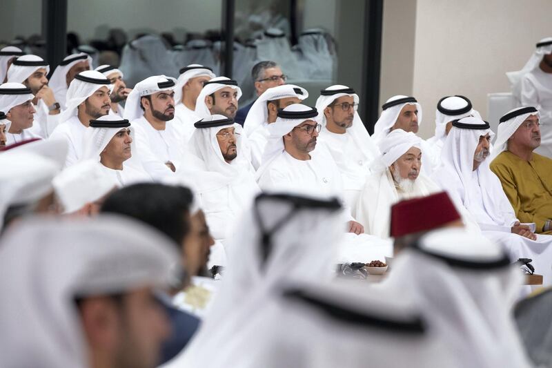 ABU DHABI, UNITED ARAB EMIRATES - May 15, 2019:   HH Sheikh Hamed bin Zayed Al Nahyan, Chairman of the Crown Prince Court of Abu Dhabi and Abu Dhabi Executive Council Member (4th R), attends a panel discussion with Abdulrahman Al Shamsi (not shown) and Maria Al Hatali (not shown), titled: “The Manipulation of Religious texts by Extremists”, at Majlis Mohamed bin Zayed. Seen with HH Sheikh Mohamed bin Butti Al Hamed (5th R), HE Shaykh Abdallah bin Bayyah (3rd R), HH Sheikh Nahyan bin Mubarak Al Nahyan, UAE Minister of State for Tolerance (2nd R), HH Dr Sheikh Sultan bin Khalifa Al Nahyan, Advisor to the UAE President (R)

( Hamad Al Mansouri for the Ministry of Presidential Affairs )​
---