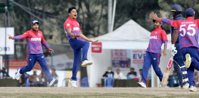 Karan KC of Nepal celebrates during the ICC Cricket World Cup League 2 match between USA and Nepal at TU Cricket Stadium on 8 Feb 2020 in Nepal