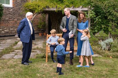 epa08700623 A handout photo made available by Kensington Palace shows Britain's Prince William (3-R), the Duke of Cambridge, Catherine (2-R) the Duchess of Cambridge, Prince George (2-L), Princess Charlotte (R) and Prince Louis (3-L) with Sir David Attenborough (L) in the gardens of Kensington Palace after The Duke and Sir David attended an outdoor screening of Sir David's upcoming feature film in London, Britain, 24 September 2020 (issued 27 September 2020). 

NOTE TO EDITORS: This handout photo may only be used in for editorial reporting purposes for the contemporaneous illustration of events, things or the people in the image or facts mentioned in the caption  EPA/KENSINGTON PALACE HANDOUT NOT FOR USE AFTER 31 DECEMBER, 2020, WITHOUT PRIOR PERMISSION FROM KENSINGTON PALACE.  MANDATORY CREDIT HANDOUT EDITORIAL USE ONLY/NO SALES