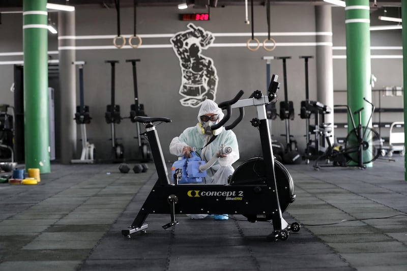 Dubai, United Arab Emirates - Reporter: N/A: News. Metalize clean and prepare there space as cinemas and gyms prepare to open tomorrow in Dubai. Tuesday, May 26th, 2020. Dubai. Chris Whiteoak / The National