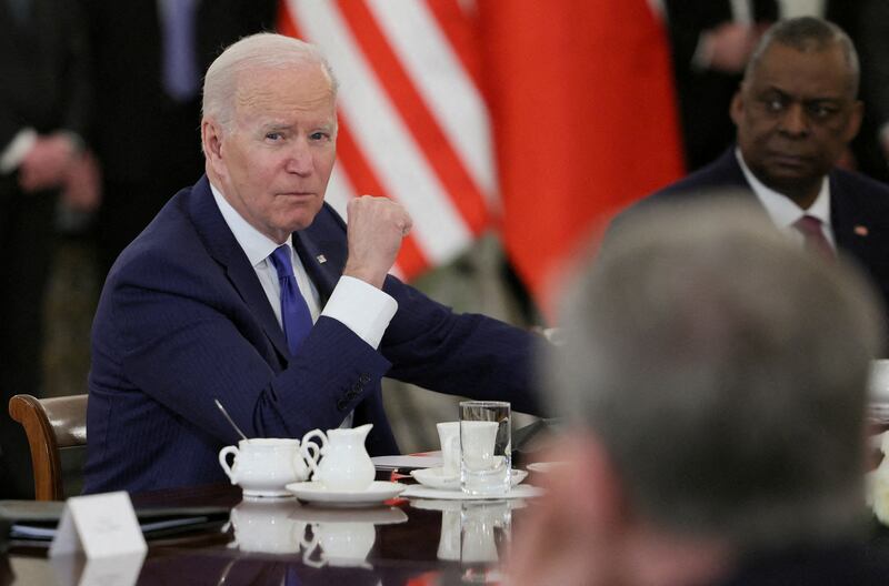 US President Joe Biden and Secretary of Defence Lloyd Austin, right, hold talks with Polish officials in Warsaw about Russia's invasion of Ukraine. Reuters
