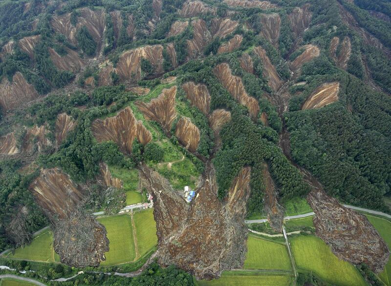 Landslides caused by an earthquake are seen in Atsuma town, Hokkaido, northern Japan. Kyodo via Reuters