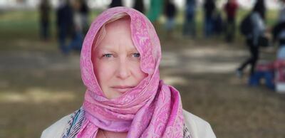 Pip Watson of Christchurch wears a head scarf to show support for New Zealand's Islamic community. Steve Addison for The National