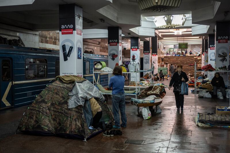 Residents live in a subway station used as temporary shelter in Kharkiv. AP