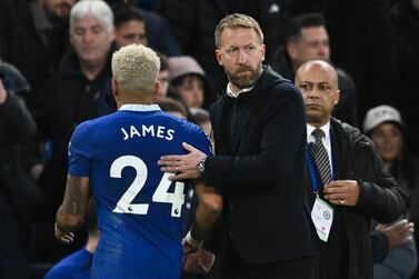 Chelsea's English head coach Graham Potter (R) comforts Chelsea's English defender Reece James (L) at the end of the English Premier League football match between Chelsea and Aston Villa at Stamford Bridge in London on April 1, 2023.  - Aston Villa won 2 - 0 against Chelsea.  (Photo by JUSTIN TALLIS / AFP) / RESTRICTED TO EDITORIAL USE.  No use with unauthorized audio, video, data, fixture lists, club/league logos or 'live' services.  Online in-match use limited to 120 images.  An additional 40 images may be used in extra time.  No video emulation.  Social media in-match use limited to 120 images.  An additional 40 images may be used in extra time.  No use in betting publications, games or single club/league/player publications.   /  