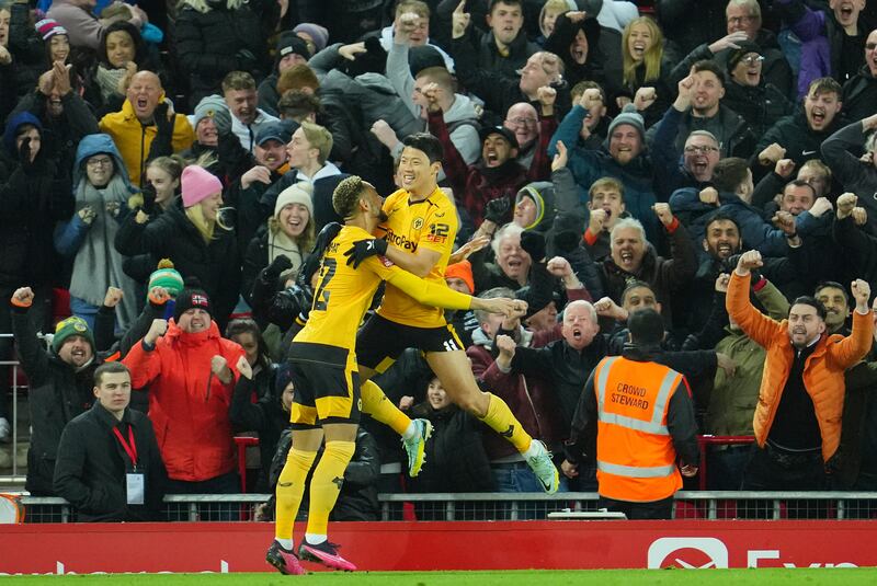 Wolverhampton Wanderers' Hwang Hee-chan celebrates after scoring his side's second goal. AFP