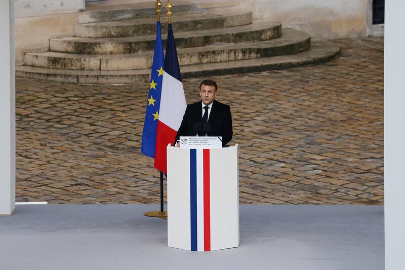 President Macron paid tribute to the 42 French victims of the October 7 attacks at the ceremony in the courtyard of the Hotel des Invalides. AFP