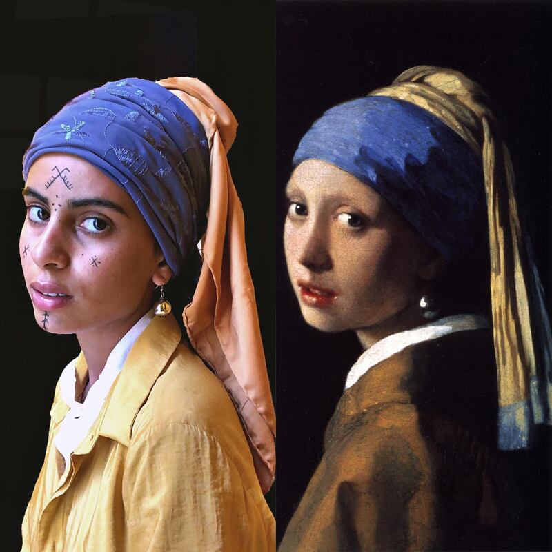 Zineb Bouchra reimagines Johannes Vermeer's 'Girl with a Pearl Earring', adding cultural elements from Amazigh society. All images courtesy of Zineb Bouchra / @_zineb.bou