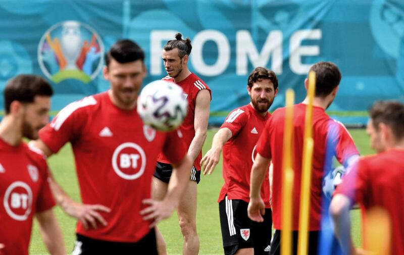 Wales players take part a training session at the Acqua Acetosa sporting centre in Rome. AFP
