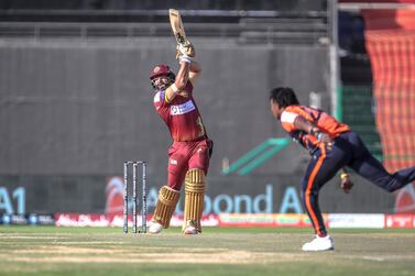 Mohammed Wasim bats against Fidel Edwards in the Abu Dhabi T10. Delhi Bulls v Northern Warriors. Abu Dhabi T10 Season 4. Qualifier. Zayed Cricket Stadium, Abu Dhabi. 5th February 2021. Courtesy Abu Dhabi Cricket