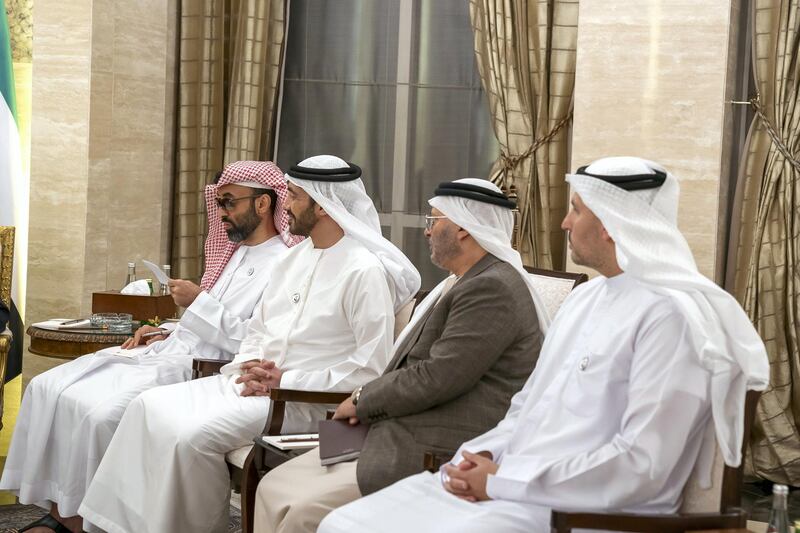 ABU DHABI, UNITED ARAB EMIRATES - January 12, 2019:  HE Khaldoon Khalifa Al Mubarak, CEO and Managing Director Mubadala, Chairman of the Abu Dhabi Executive Affairs Authority and Abu Dhabi Executive Council Member (R), HE Dr Anwar bin Mohamed Gargash, UAE Minister of State for Foreign Affairs (2nd R), HH Sheikh Abdullah bin Zayed Al Nahyan, UAE Minister of Foreign Affairs and International Cooperation (3rd R) and HH Sheikh Tahnoon bin Zayed Al Nahyan, UAE National Security Advisor (4th R), attend a meeting with Michael Pompeo, US Secretary of State (not shown), at Al Shati Palace.

( Mohamed Al Hammadi / Ministry of Presidential Affairs )
---