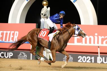 DUBAI , UNITED ARAB EMIRATES , MARCH 27  – 2021 :- MYSTIC GUIDE  (USA ) ridden by LUIS SAEZ  ( no 10  ) won the 9th horse race Dubai World Cup 2000m Dirt during the Dubai World Cup held at Meydan Racecourse in Dubai. ( Pawan Singh / The National ) For News/Sports/Instagram/Big Picture. Story by Amith