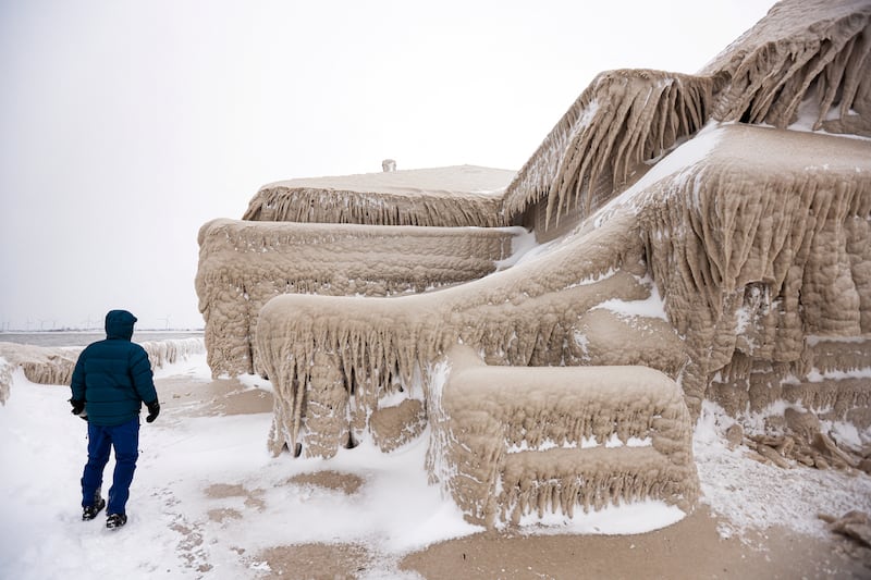 Ice formed by the spray of Lake Erie's waves covers a restaurant during a winter storm in Hamburg, New York. Reuters