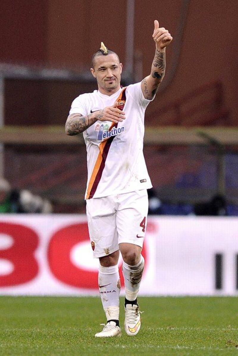 AS Roma's Radja Nainggolan celebrates after scoring against Genoa during his side's Serie A victory on Sunday. Giorgio Perottino / Reuters / December 14, 2014