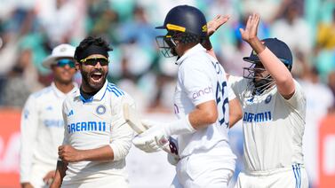 India's Ravindra Jadeja, second left, celebrates the wicket of England's Joe Root, second right on the fourth day of the third cricket test match between England and India in Rajkot, India, Sunday, Feb.  18, 2024.  (AP Photo / Ajit Solanki)