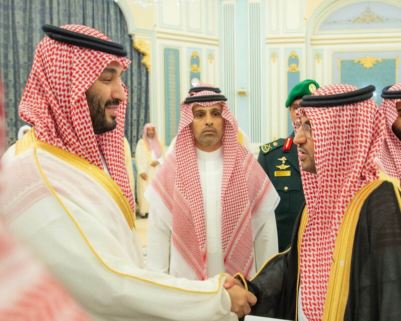 Crown Prince Mohammed bin Salman, Prime Minister of Saudi Arabia, receives Ramadan greetings and congratulations from princes, scholars, ministers and citizens at Al Yamamah Palace in Riyadh