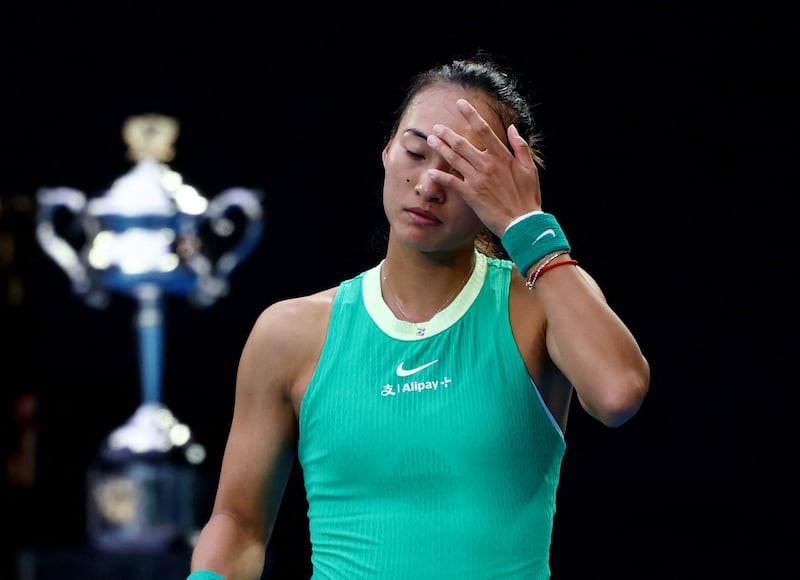 Qinwen Zheng looks dejected during here defeat against Aryna Sabalenka. Reuters