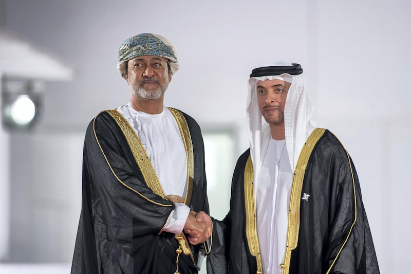 SAADIYAT ISLAND, ABU DHABI, UNITED ARAB EMIRATES - November 08, 2017: HH Sheikh Hazza bin Zayed Al Nahyan, Vice Chairman of the Abu Dhabi Executive Council (R), stands for a photograph with HH Sayyid Haitham Bin Tariq Al Said Minister of Heritage and Culture of Oman (L), during the opening ceremony of the Louvre Abu Dhabi.

( Abdullah Al Junaibi  )
---