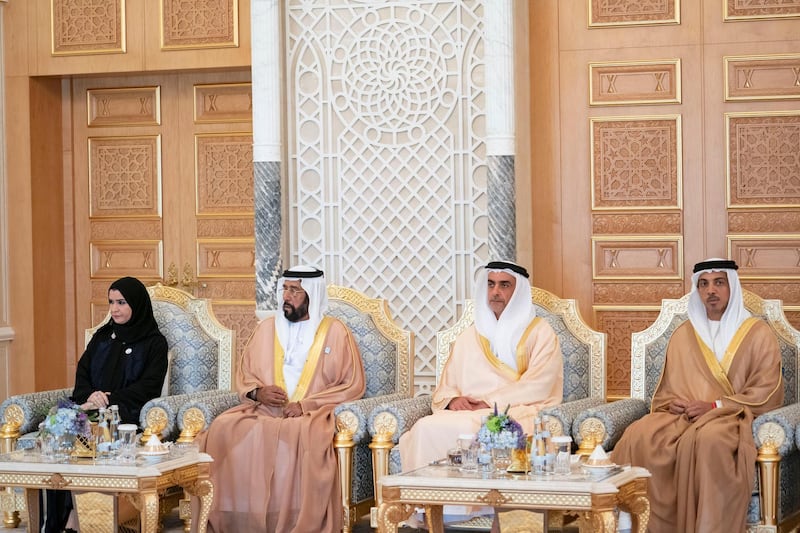 ABU DHABI, UNITED ARAB EMIRATES - March 25, 2019: (L-R) HE Dr Amal Abdullah Al Qubaisi, Speaker of the Federal National Council (FNC), HH Sheikh Tahnoon bin Mohamed Al Nahyan, Ruler's Representative in Al Ain Region, HH Lt General Sheikh Saif bin Zayed Al Nahyan, UAE Deputy Prime Minister and Minister of Interior and HH Sheikh Mansour bin Zayed Al Nahyan, UAE Deputy Prime Minister and Minister of Presidential Affairs, attend a meeting with HE Shavkat Mirziyoyev, President of Uzbekistan (not shown), during a reception at the Presidential Palace.

( Ryan Carter / Ministry of Presidential Affairs )
---