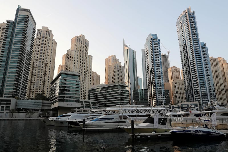 DUBAI, UNITED ARAB EMIRATES , October 12 – 2020 :- View of the towers in Dubai Marina in Dubai. (Pawan Singh / The National) For Stock
