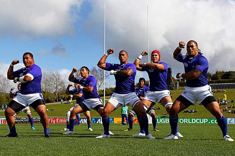 Samoa players perform the Haka before their Rugby World Cup Pool D match against Namibia at Rotorua international Stadium in Rotorua September 14, 2011.  REUTERS/Alex Livesey/Pool (NEW ZEALAND  - Tags: SPORT RUGBY)  