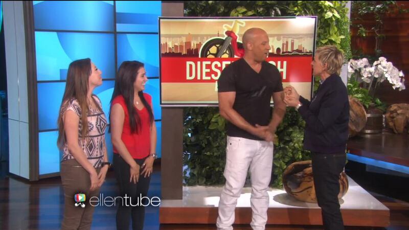 The Ellen Show showing the contestants, Vin Diesel and Ellen DeGeneres.