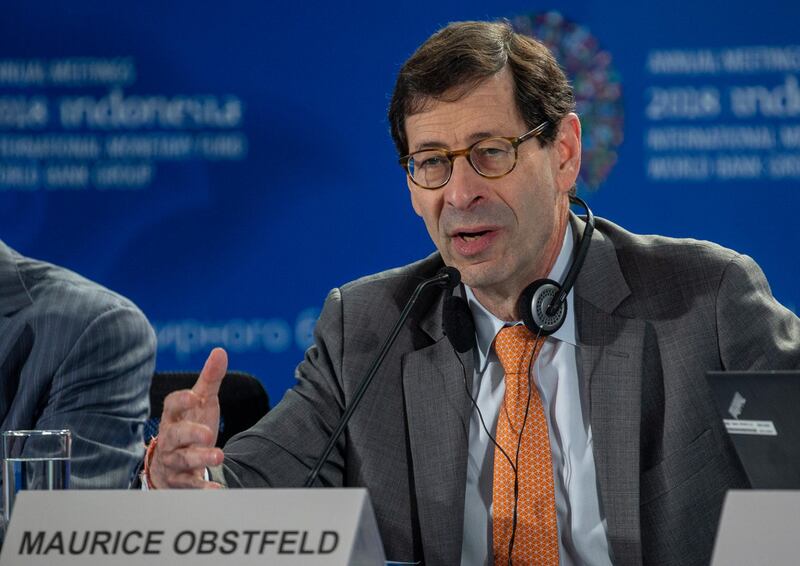 epa07079861 IMF Economic Counsellor and Director of Research Department Maurice Obstfeld speaks during the World Economic Outlook press conference at the International Monetary Fund (IMF) and World Bank annual meeting in Nusadua, Bali, Indonesia, 09 October 2018. Bali is hosting the IMF-World Bank annual meeting from 08 to 14 October 2018.  EPA/MADE NAGI