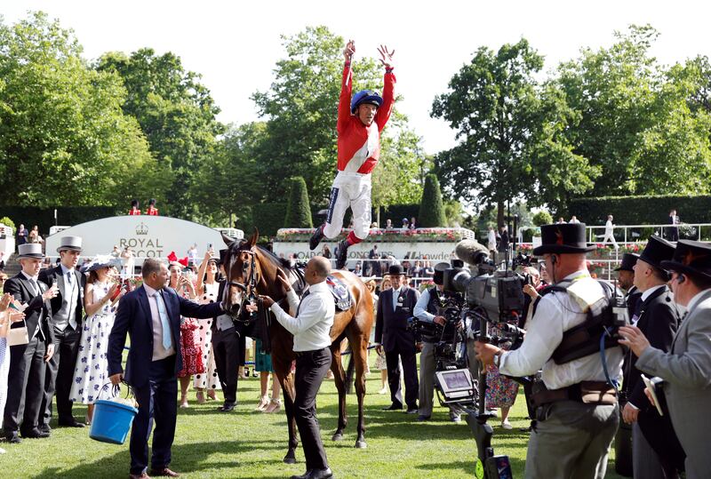 Frankie Dettori on Inspiral celebrates winning the Coronation Stakes at the 2022 Royal Ascot meet. Reuters