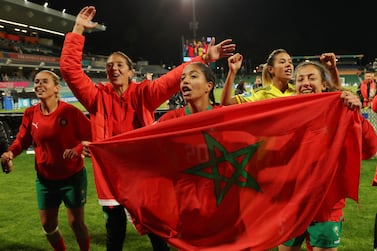 Morocco players celebrate their win after the FIFA Women's World Cup 2023 soccer match between Morocco and Colombia at Perth Rectangular Stadium in Perth, Australia, 03 August 2023.   EPA / RICHARD WAINWRIGHT  EDITORIAL USE ONLY AUSTRALIA AND NEW ZEALAND OUT