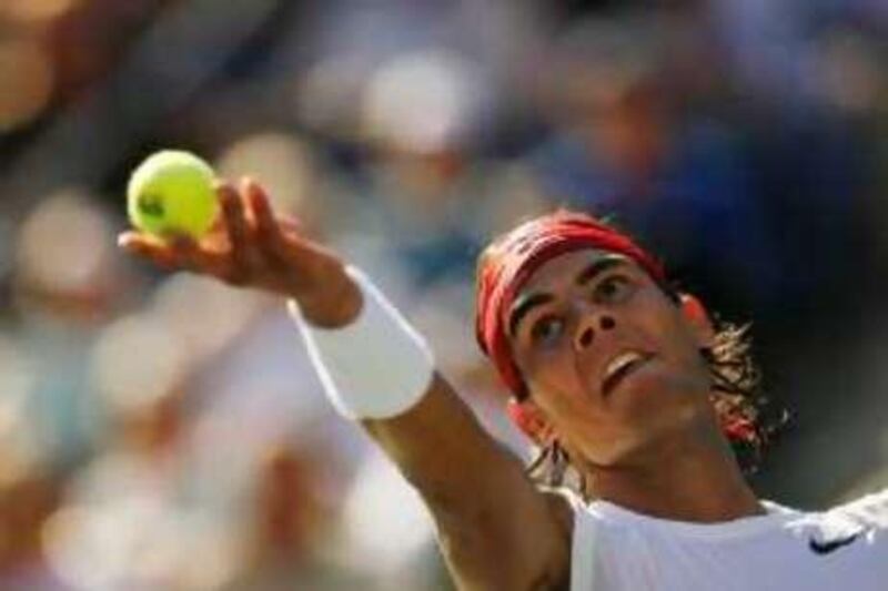 Rafael Nadal of Spain serves to Sam Querrey of the U.S. during their match at the U.S. Open tennis tournament at Flushing Meadows in New York, September 1, 2008.     REUTERS/Kevin Lamarque (UNITED STATES) *** Local Caption ***  USO72_TENNIS-OPEN-_0901_11.JPG