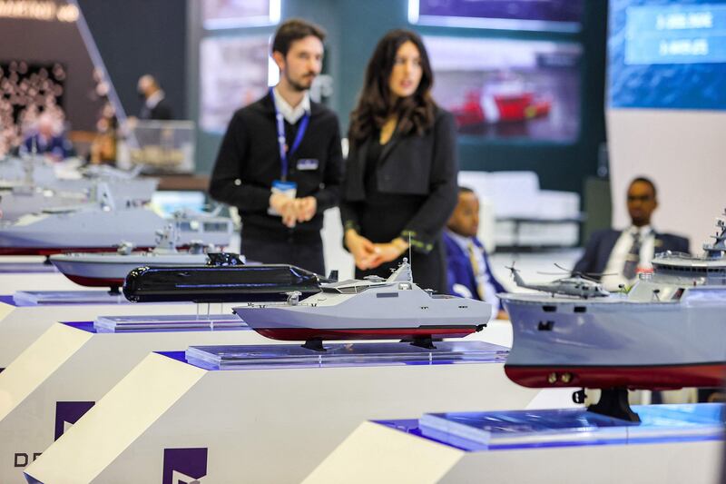 Models of surface vessels and submarines produced by Turkey's Dearsan Shipyard on display at the Doha International Maritime Defence Exhibition in the Qatari capital.