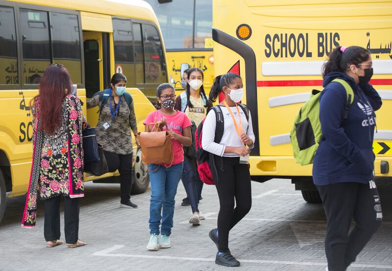 Pupils arriving on the first day back of in-person learning at the Indian High School in Oud Metha, Dubai. Nearly 13,000 pupils went back for in-person classes across three campuses. All photos: Ruel Pableo for The National