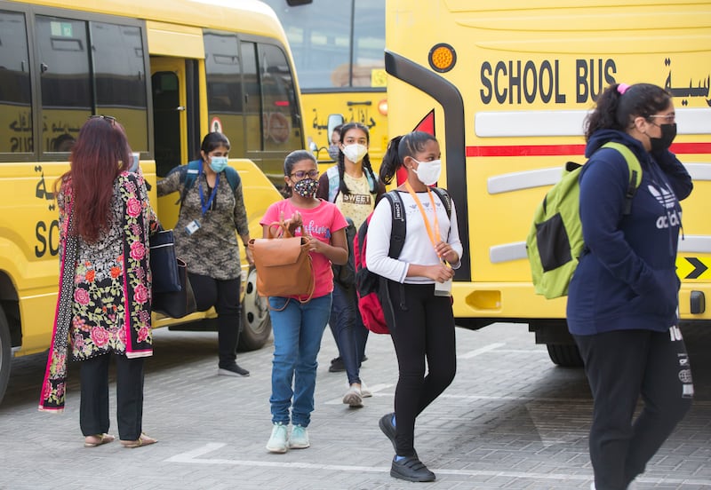 Pupils arriving on the first day back of in-person learning at the Indian High School in Oud Metha, Dubai. Nearly 13,000 pupils went back for in-person classes across three campuses. All photos: Ruel Pableo for The National