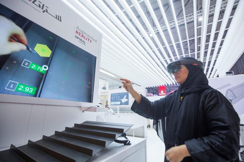 Dubai, United Arab Emirates- Strata virtual reality at Mubadala stand at the Dubai Airshow 2019 day 2 at Maktoum Airport.  Leslie Pableo for the National