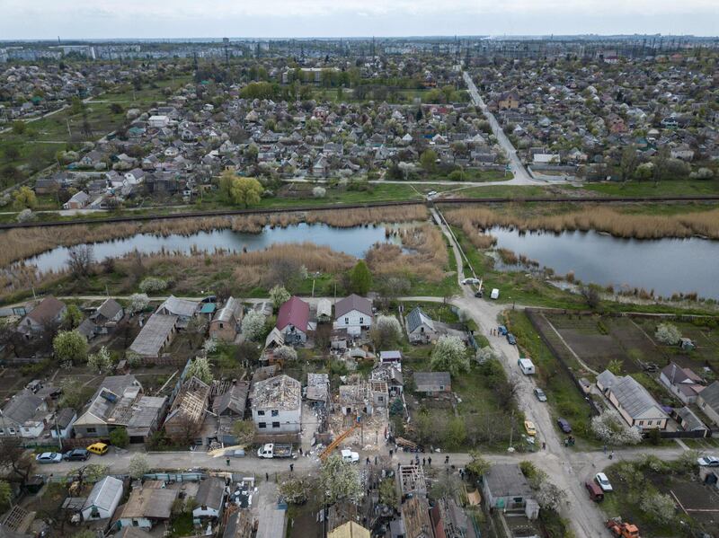 An aerial view of in a neighbourhood in Zaporizhzhia on the 65th day of the Russian invasion of Ukraine. AFP
