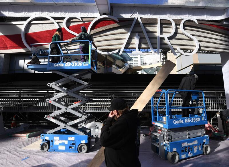 People work on the red carpet area as preparations for the 91st Academy Awards take place in Hollywood. AFP