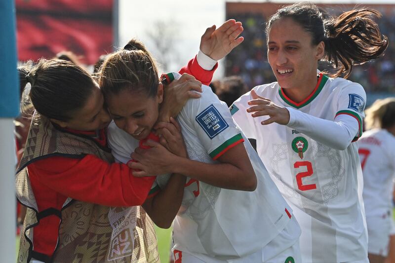 Morocco's Ibtissam Jraidi celebrates scoring with her teammates.  AFP