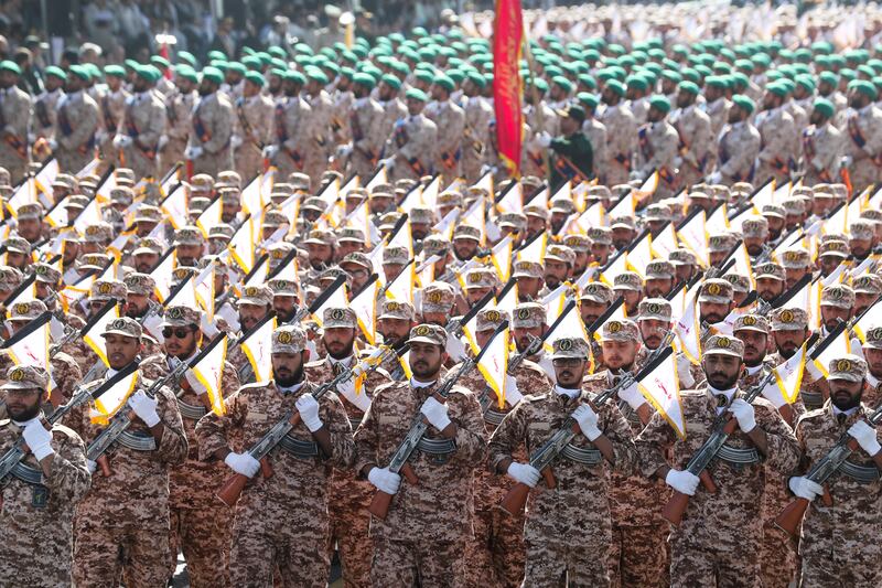 Iranian armed forces members march during the annual military parade in Tehran, Iran. WANA