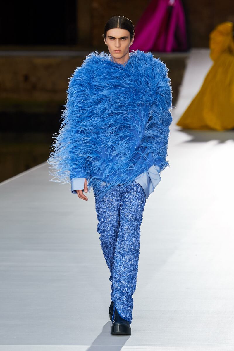 An ostrich feather menswear look for Valentino autumn 2021 haute couture