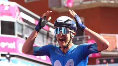 Spanish rider Pelayo Sanchez celebrates after winning Stage 6 of the Giro d'Italia on May 9, 2024. AFP