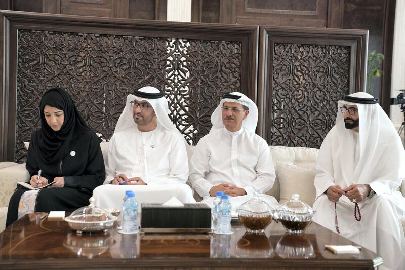 ABU DHABI, UNITED ARAB EMIRATES - May 20, 2019: (L-R) HE Reem Ibrahim Al Hashimi, UAE Minister of State for International Cooperation, HE Dr Sultan Ahmed Al Jaber, UAE Minister of State, Chairman of Masdar and CEO of ADNOC Group, HE Sultan bin Saeed Al Mansouri, UAE Minister of Economy and HE Mohamed Ahmad Al Bowardi, UAE Minister of State for Defence Affairs, attend a meeting with HE Boubou Cisse, Prime Minister of Mali (L), at Al Bateen Palace.

( Eissa Al Hammadi for the Ministry of Presidential Affairs )
---